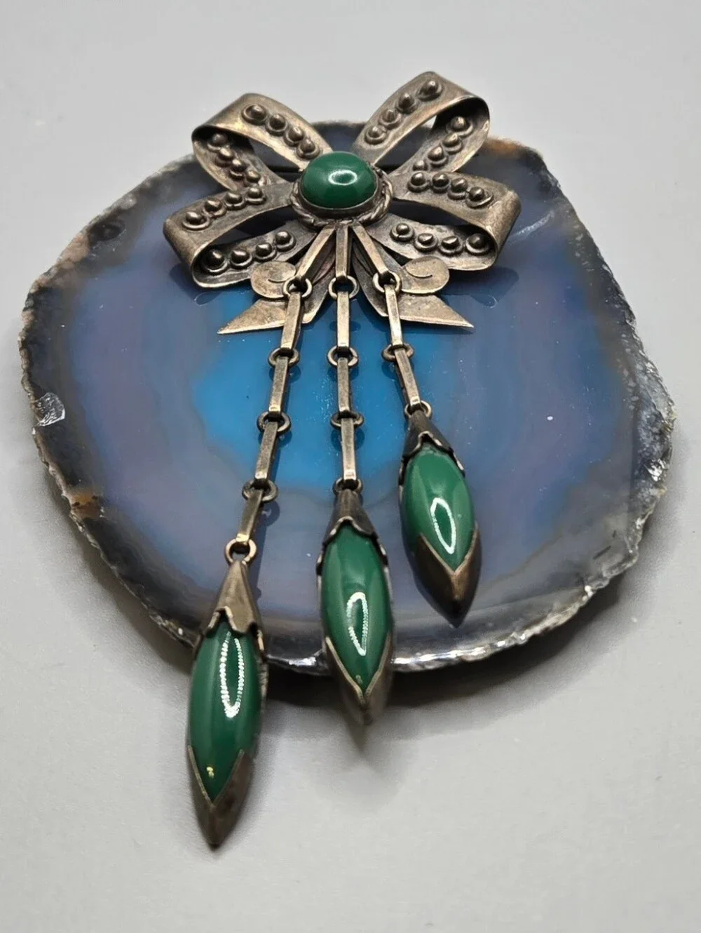 Taxco Mexico Quinto 925 Brooch Sterling Silver w/ Green Cabochons Vintage - Picture 2 of 8